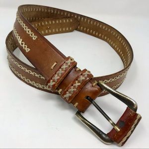 Boho Brown Leather Belt with Decorative “X” Stitching